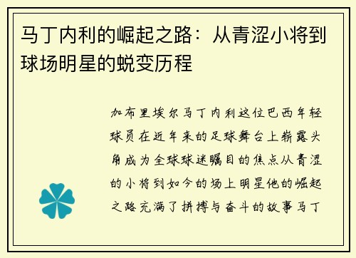 马丁内利的崛起之路：从青涩小将到球场明星的蜕变历程