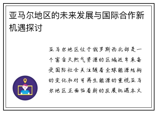 亚马尔地区的未来发展与国际合作新机遇探讨