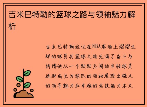 吉米巴特勒的篮球之路与领袖魅力解析
