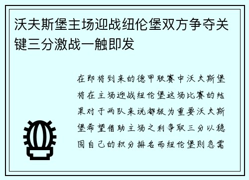 沃夫斯堡主场迎战纽伦堡双方争夺关键三分激战一触即发