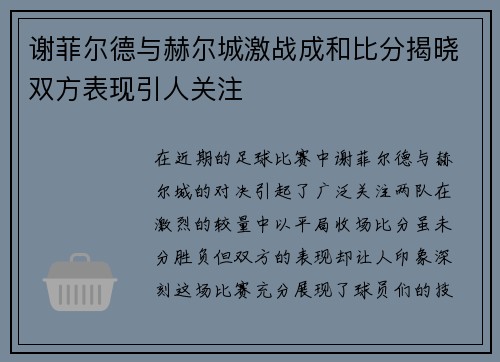 谢菲尔德与赫尔城激战成和比分揭晓双方表现引人关注