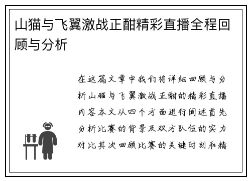 山猫与飞翼激战正酣精彩直播全程回顾与分析