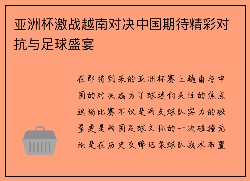 亚洲杯激战越南对决中国期待精彩对抗与足球盛宴