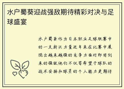 水户蜀葵迎战强敌期待精彩对决与足球盛宴