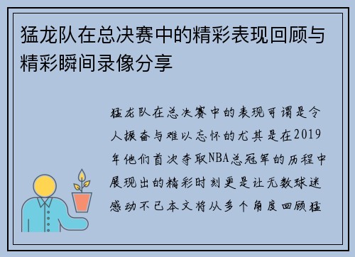 猛龙队在总决赛中的精彩表现回顾与精彩瞬间录像分享