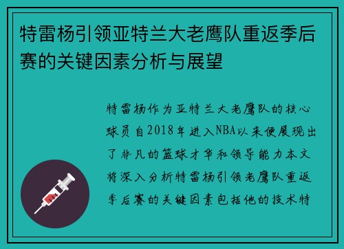 特雷杨引领亚特兰大老鹰队重返季后赛的关键因素分析与展望