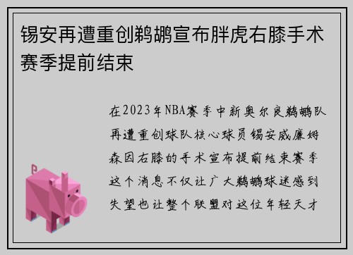 锡安再遭重创鹈鹕宣布胖虎右膝手术赛季提前结束