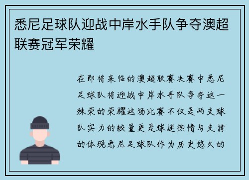 悉尼足球队迎战中岸水手队争夺澳超联赛冠军荣耀