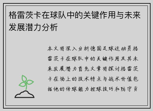 格雷茨卡在球队中的关键作用与未来发展潜力分析