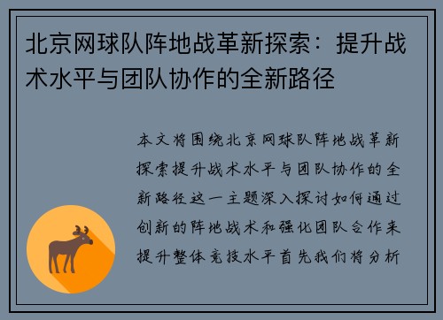 北京网球队阵地战革新探索：提升战术水平与团队协作的全新路径