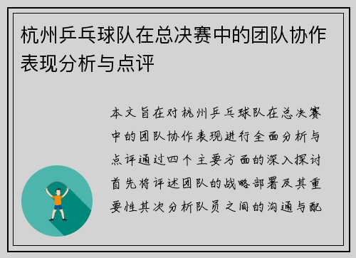 杭州乒乓球队在总决赛中的团队协作表现分析与点评