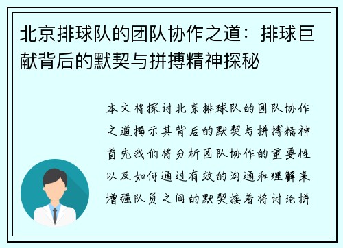 北京排球队的团队协作之道：排球巨献背后的默契与拼搏精神探秘