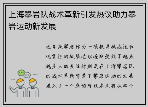 上海攀岩队战术革新引发热议助力攀岩运动新发展