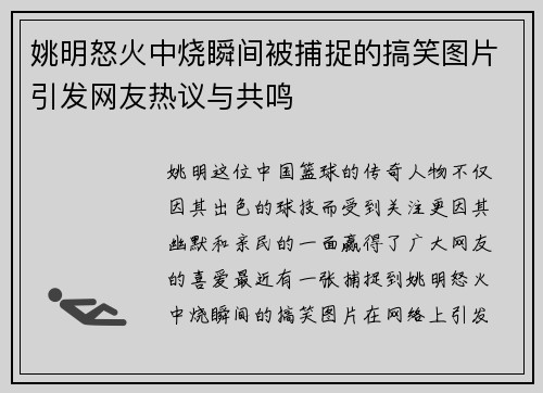 姚明怒火中烧瞬间被捕捉的搞笑图片引发网友热议与共鸣