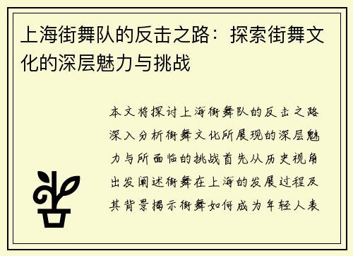 上海街舞队的反击之路：探索街舞文化的深层魅力与挑战