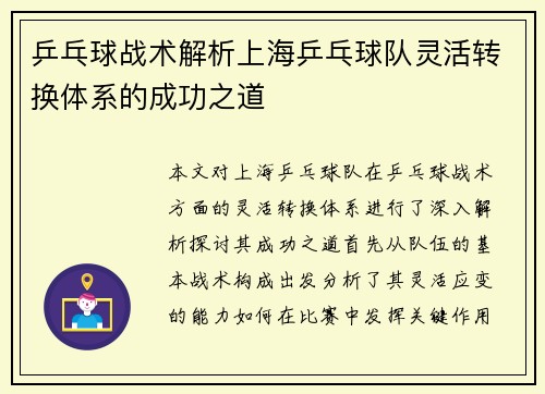 乒乓球战术解析上海乒乓球队灵活转换体系的成功之道