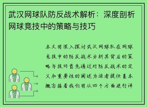武汉网球队防反战术解析：深度剖析网球竞技中的策略与技巧