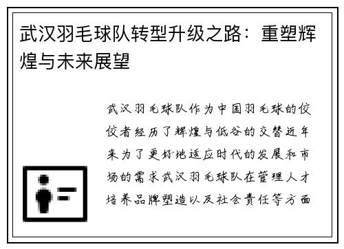 武汉羽毛球队转型升级之路：重塑辉煌与未来展望