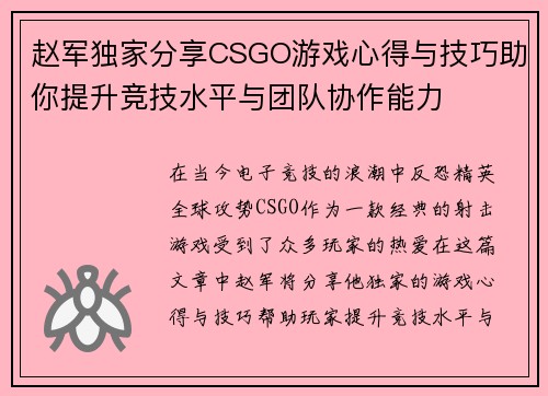 赵军独家分享CSGO游戏心得与技巧助你提升竞技水平与团队协作能力