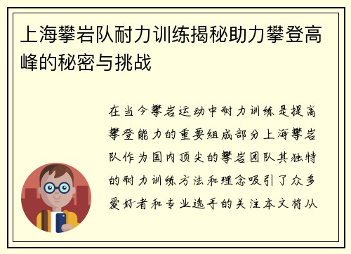 上海攀岩队耐力训练揭秘助力攀登高峰的秘密与挑战