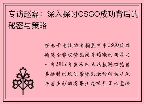 专访赵磊：深入探讨CSGO成功背后的秘密与策略